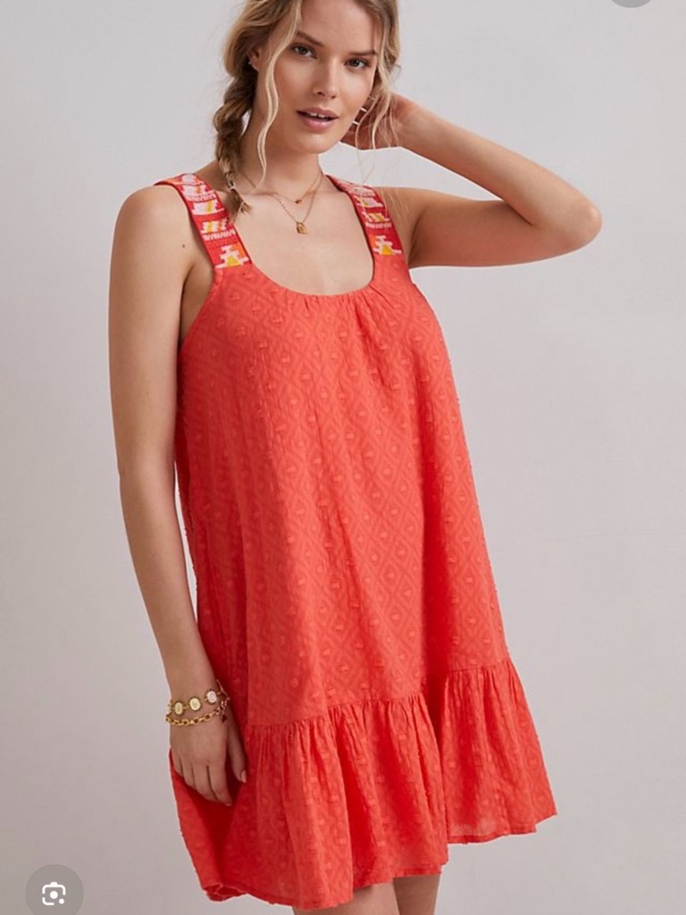 Anthropologie Coral Red Embroidered-Strap dress brand new with tags